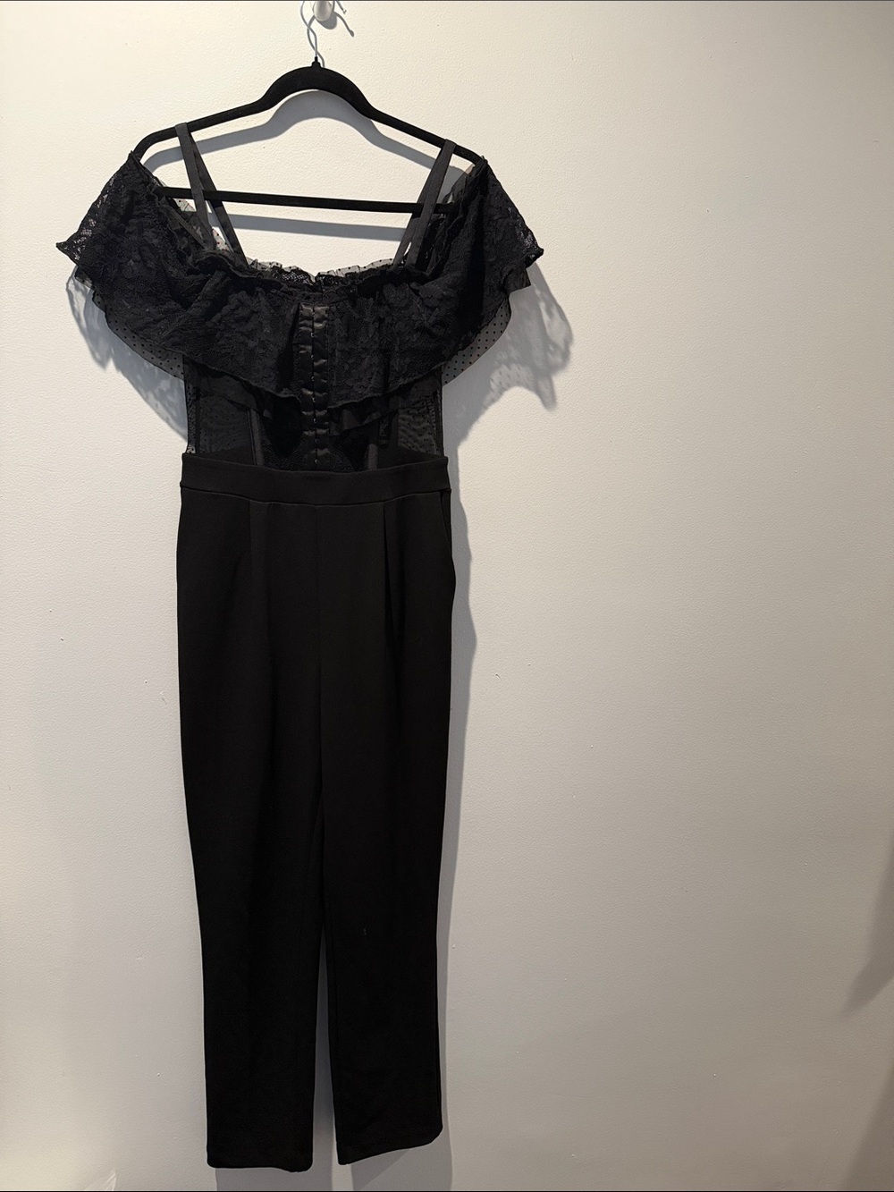 Express Black Lace Off-Shoulder Jumpsuit with Straps